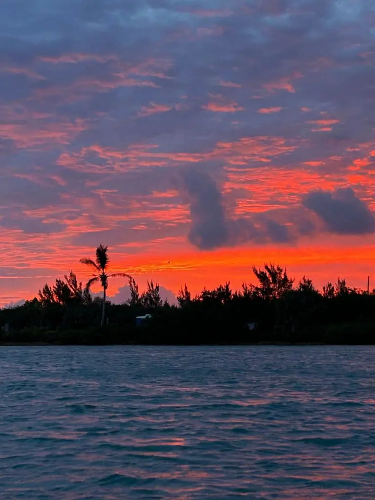 Fiery sunset over calm water.