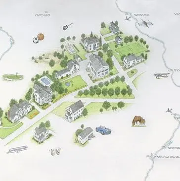 Here's an alt tag for the image: Campus map with whimsical illustrations.