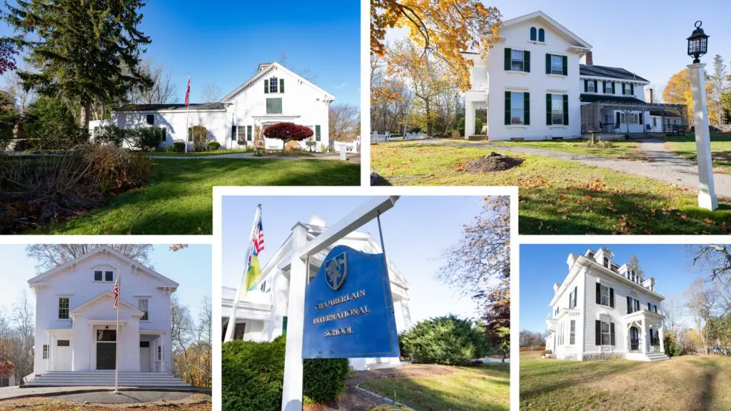 A collage of pictures shows houses in the country.