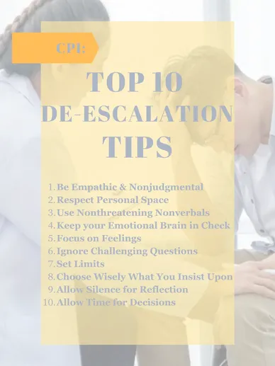 A poster with the top ten tips for de escalation.