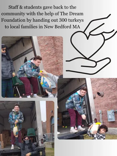 A collage of photos with the words " foundation by handing out turkeys to local families in new bedford ma ".